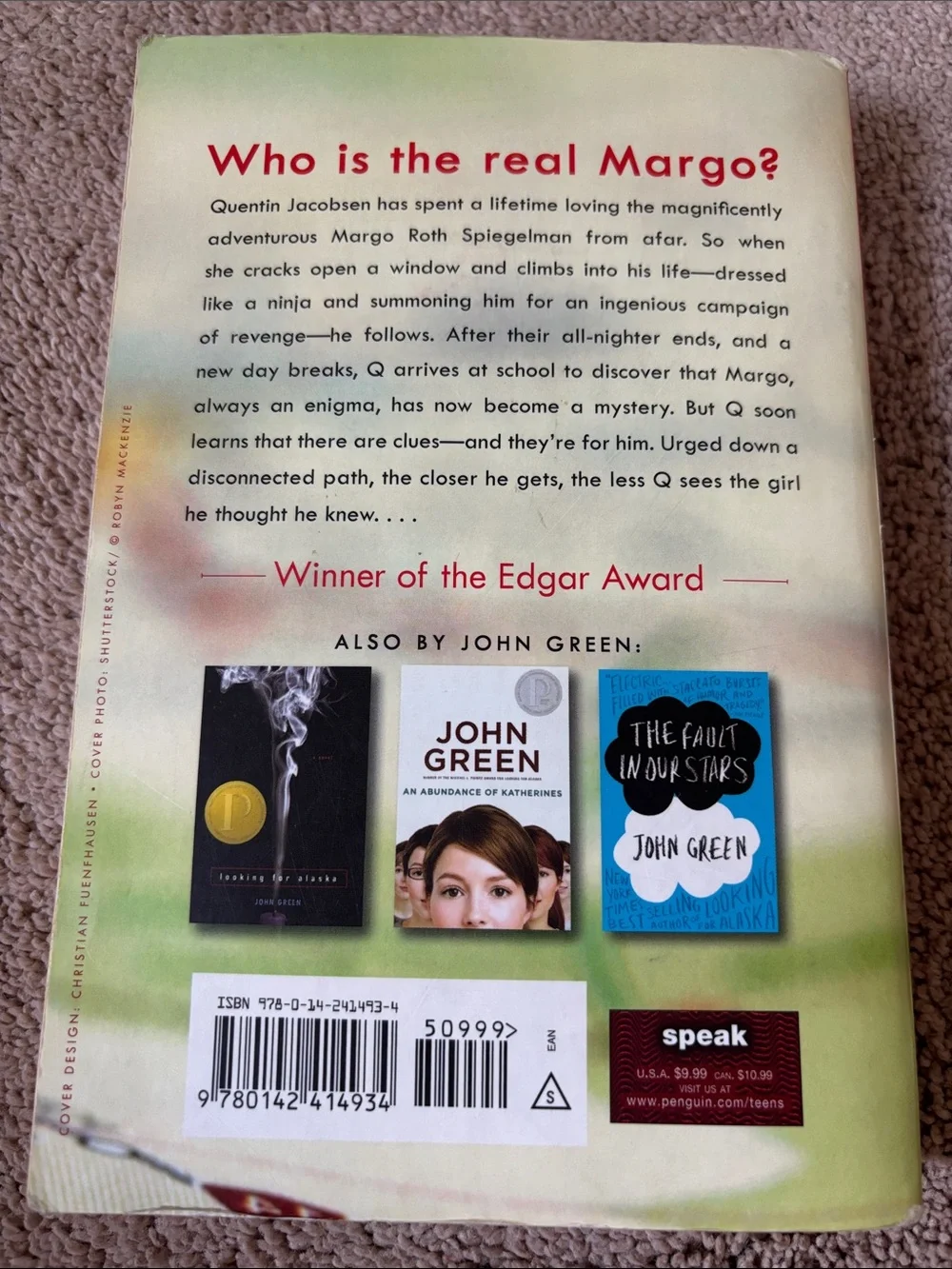 John Green “Paper Towns” Paperback with Red Pushpin Cover